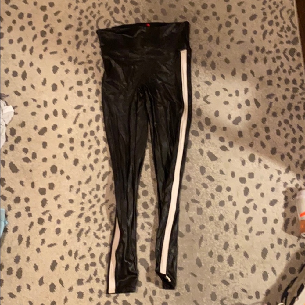 Spanx faux leather leggings with white stripes